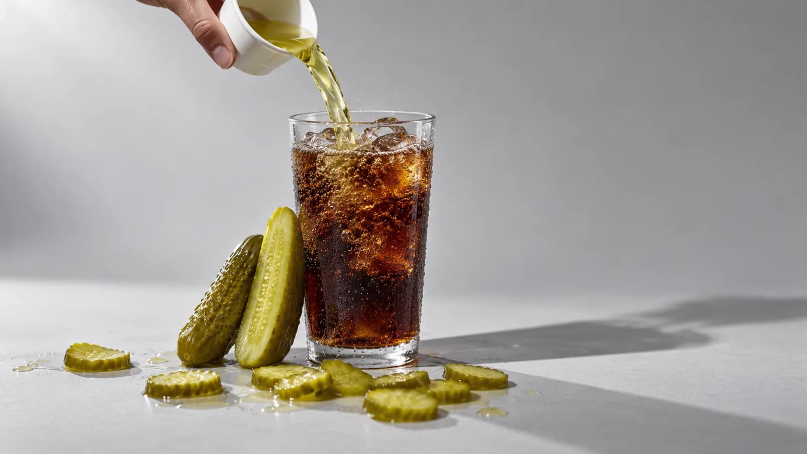 Pickle brine being poured from a paper cup into a glass of cola, with dill pickles and pickle slices scattered around the base