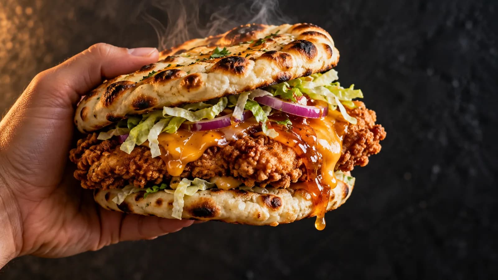 A fried chicken fillet burger served in charred naan bread instead of a bun, held in one hand with sauce running down the side