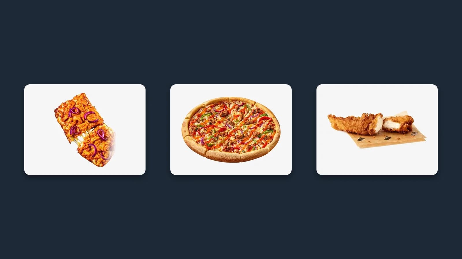 New British menu items side by side: the Greggs Buffalo Chicken Pizza, the Domino's Honey Chilli Chicken pizza and KFC Original Recipe Tenders