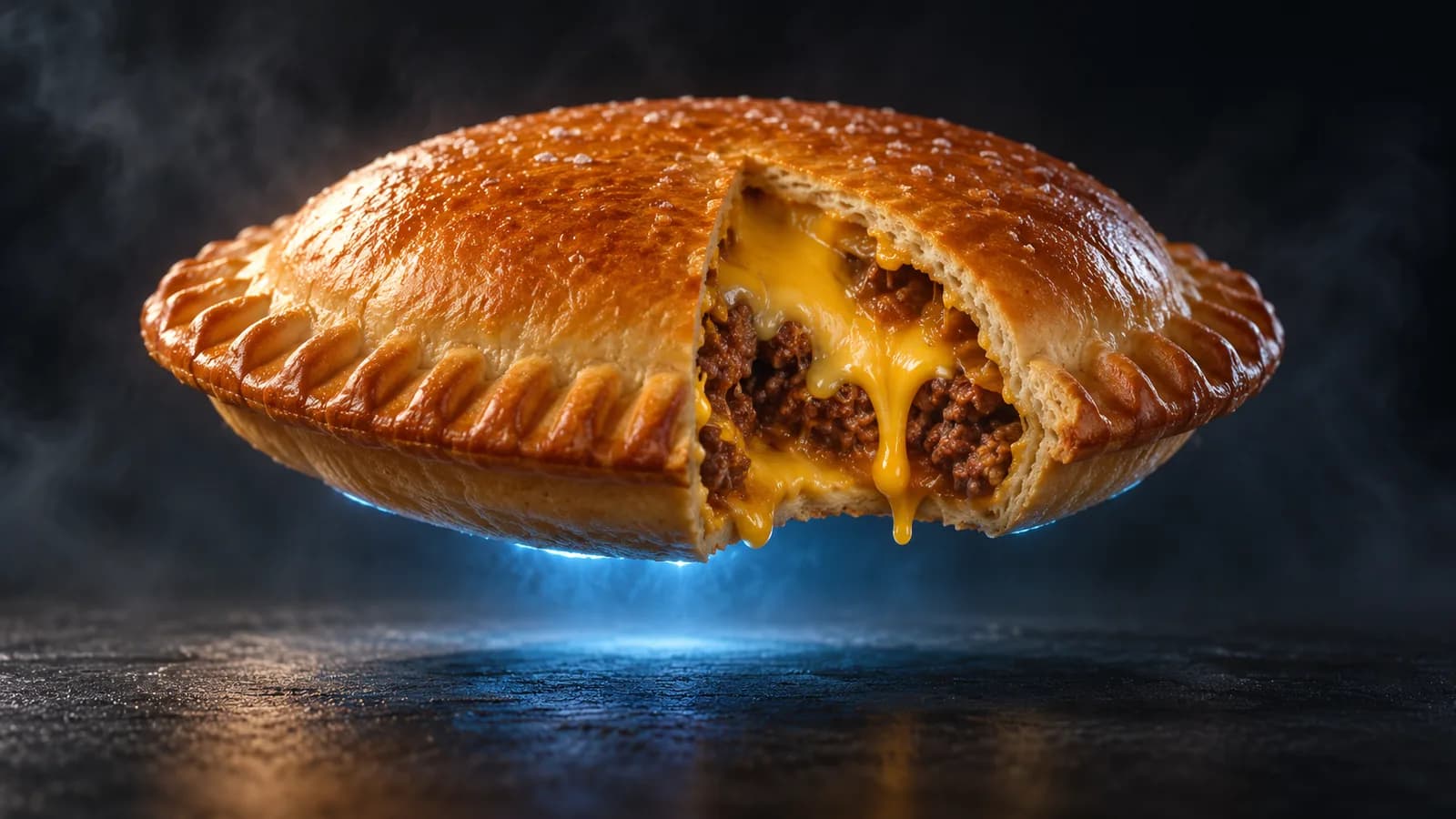 A cheeseburger sealed inside a flying saucer shaped bun with one wedge cut away to show the melted cheese and beef inside